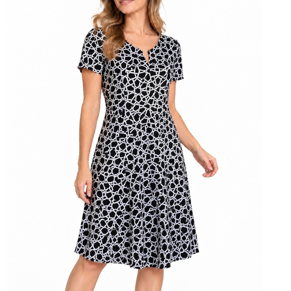 Women's Black White Geometric A-Line Dress Size L Short Sleeve Keyhole Neck
